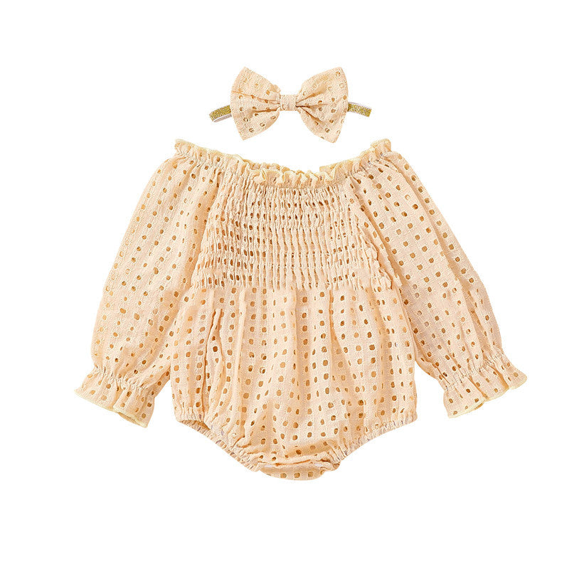 Baby Girl Cotton Mesh Smocked Off-Shoulder Long Sleeve Romper
