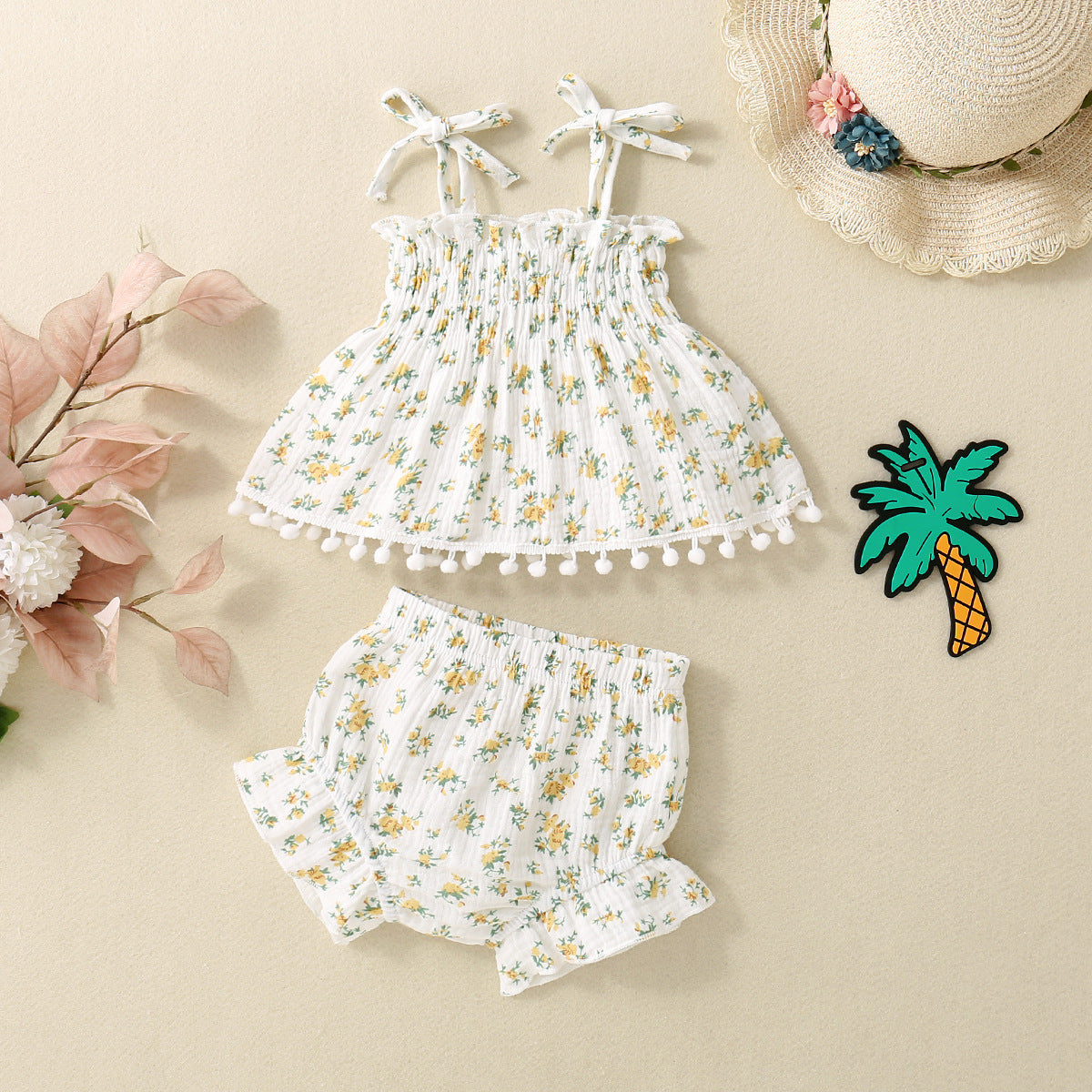 Adorable Baby Girl Floral Print Spaghetti Strap Pom Pom Lace Dress and Short Set