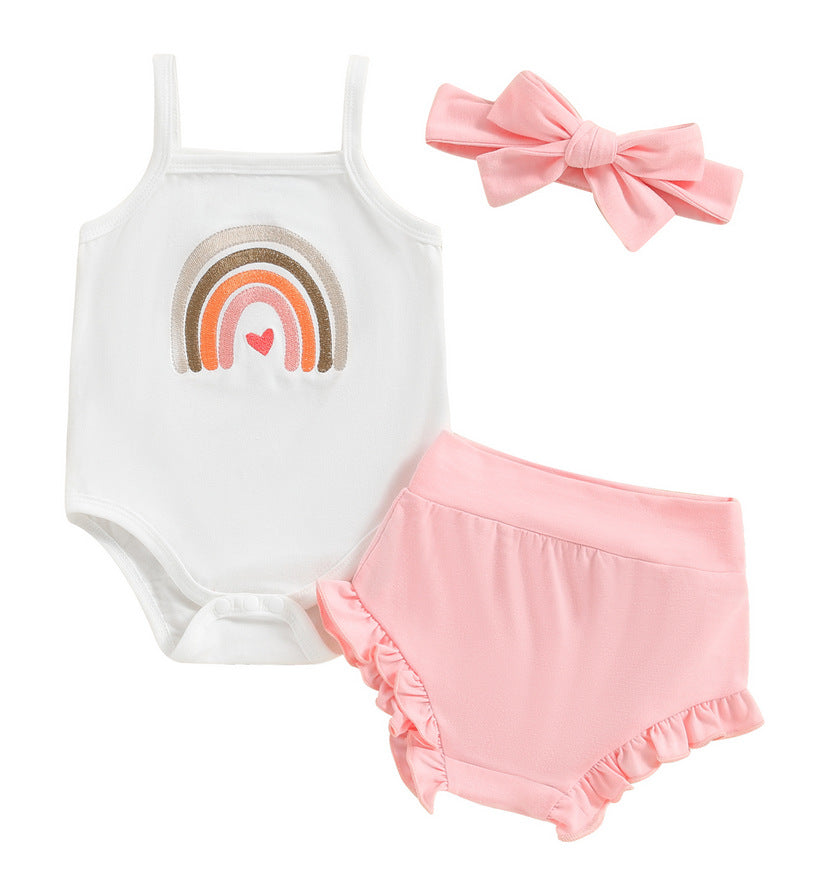 Adorable Baby Girl Spaghetti Strap Printed Romper with High Waist Shorts