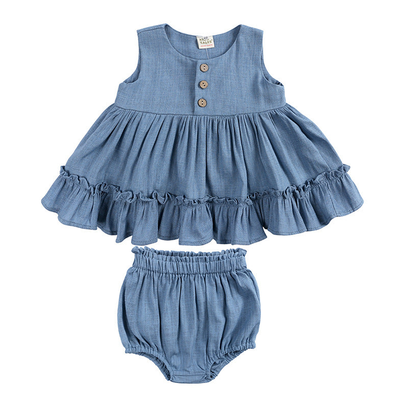 Charming Korean Baby Girls' Sleeveless Ruffled Dress With Bloomers: Adorable Style for Your Little Princess!