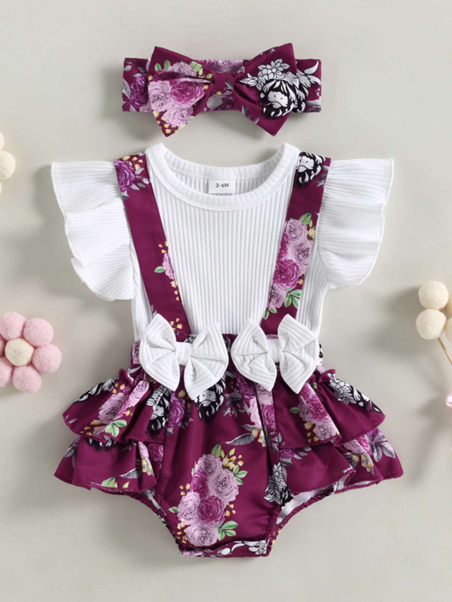 Baby Floral Ruffle Sleeve Bow Strap One-piece Romper
