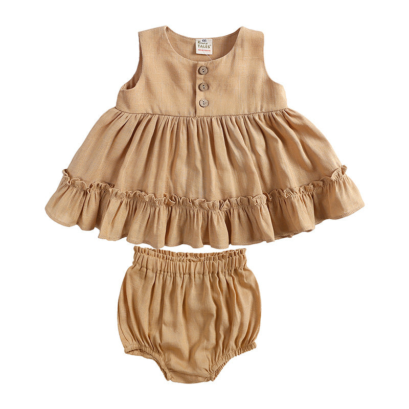 Charming Korean Baby Girls' Sleeveless Ruffled Dress With Bloomers: Adorable Style for Your Little Princess!