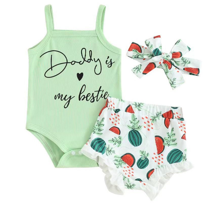 Adorable Baby Girl Spaghetti Strap Printed Romper with High Waist Shorts
