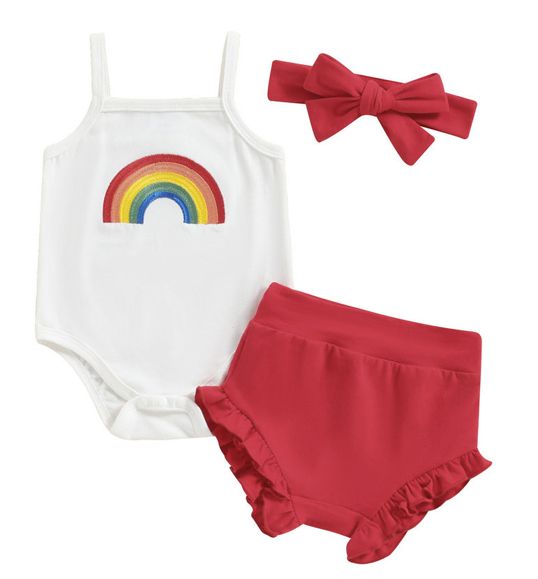 Adorable Baby Girl Spaghetti Strap Printed Romper with High Waist Shorts