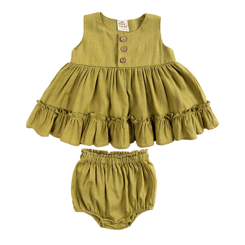 Charming Korean Baby Girls' Sleeveless Ruffled Dress With Bloomers: Adorable Style for Your Little Princess!