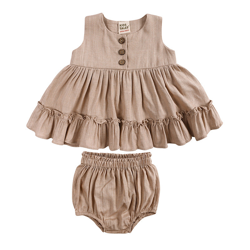 Charming Korean Baby Girls' Sleeveless Ruffled Dress With Bloomers: Adorable Style for Your Little Princess!