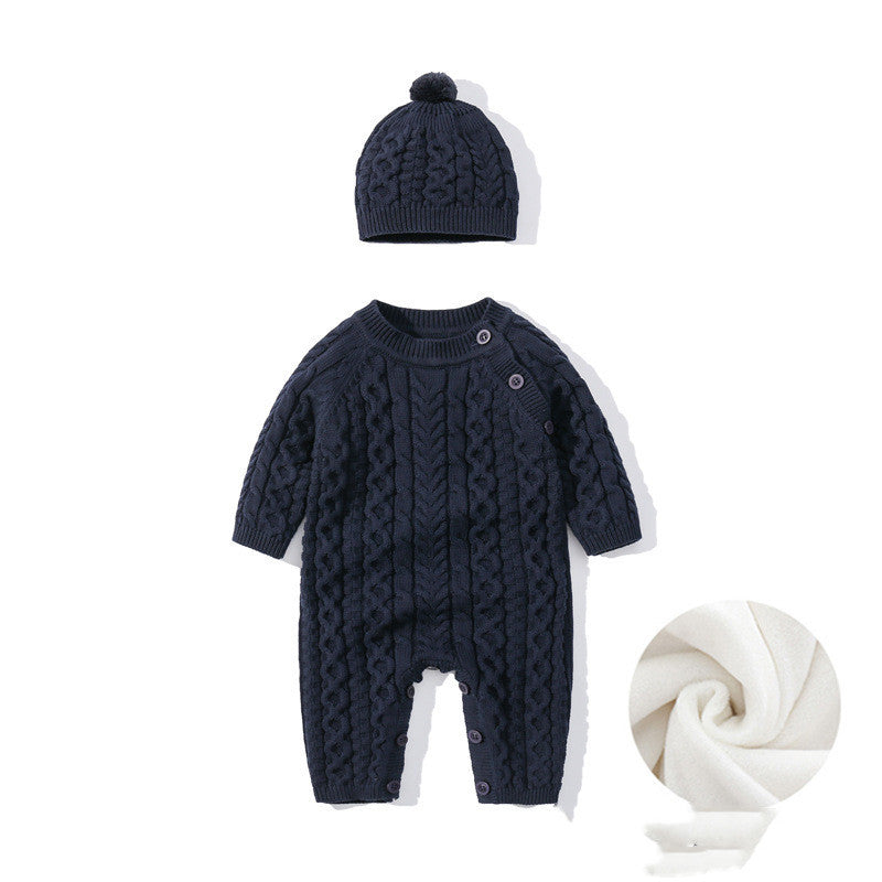 Autumn & Winter Knitted Long Sleeve Romper with Matching Knitted Hat for Babies