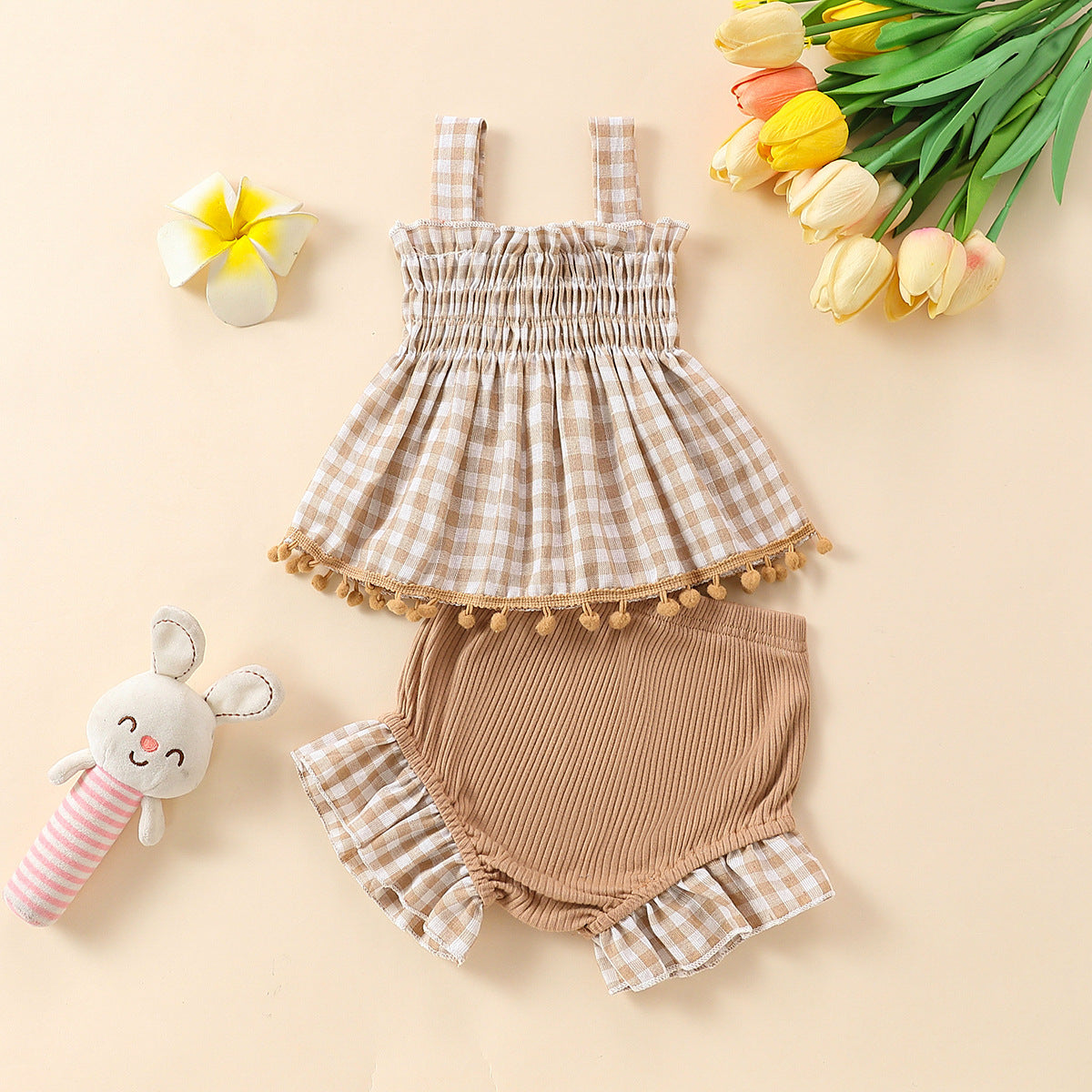 Charming Baby Girl Plaid Design Pom Pom Lace Dress and Short Set