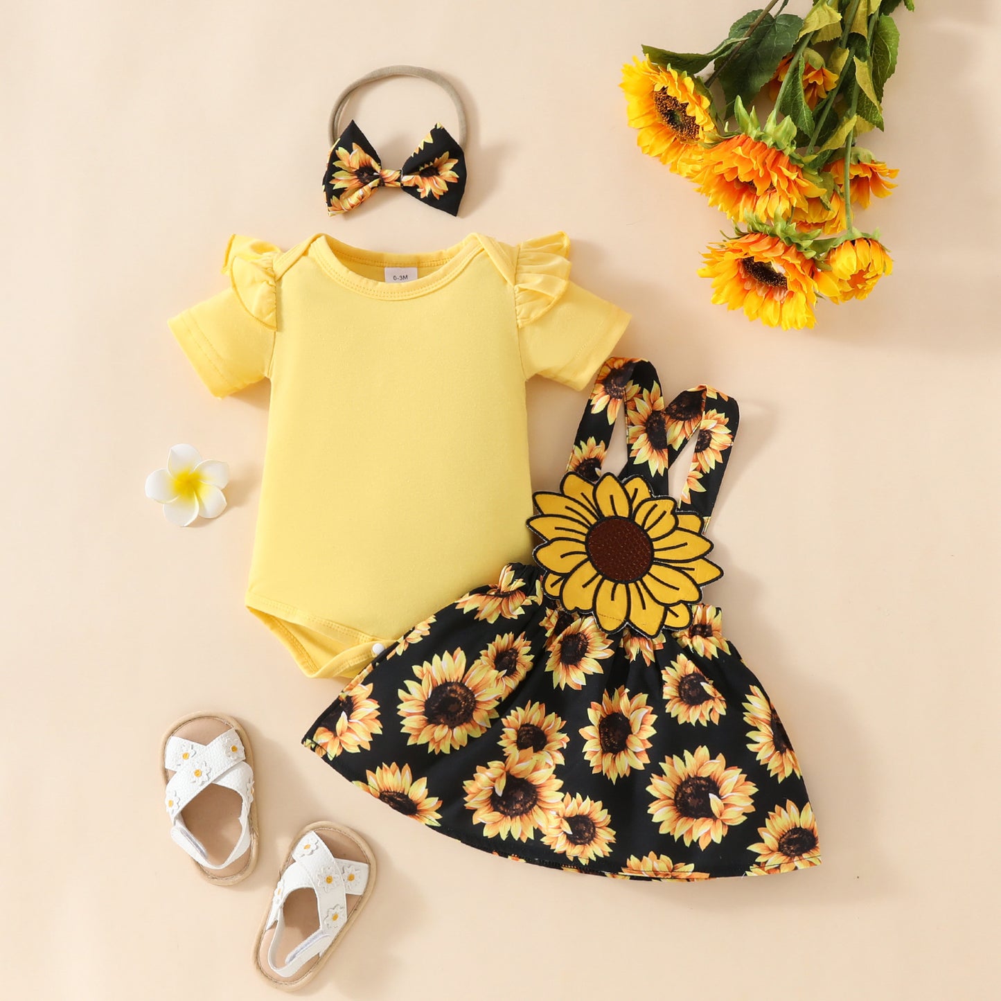 Adorable Baby Girl Sunflower Suspender Dress with Ruffled Shoulder Romper and Headband
