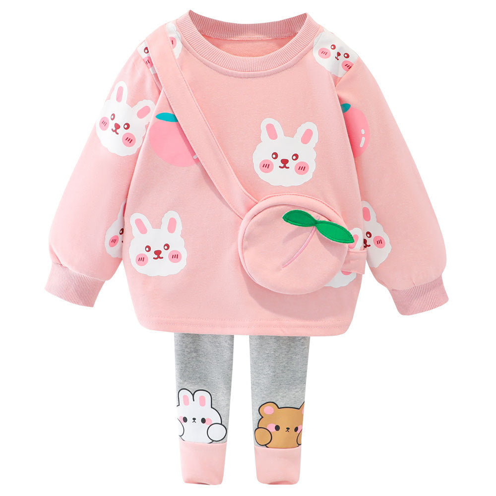 Baby Girl's Animal Printed Sling Bag Design Western Style Autumn Suit