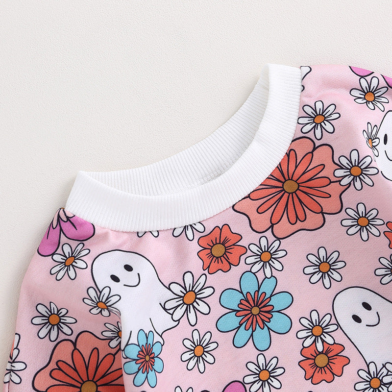 Flower and Ghost Printed Long Sleeve Baby Jumpsuit for Halloween