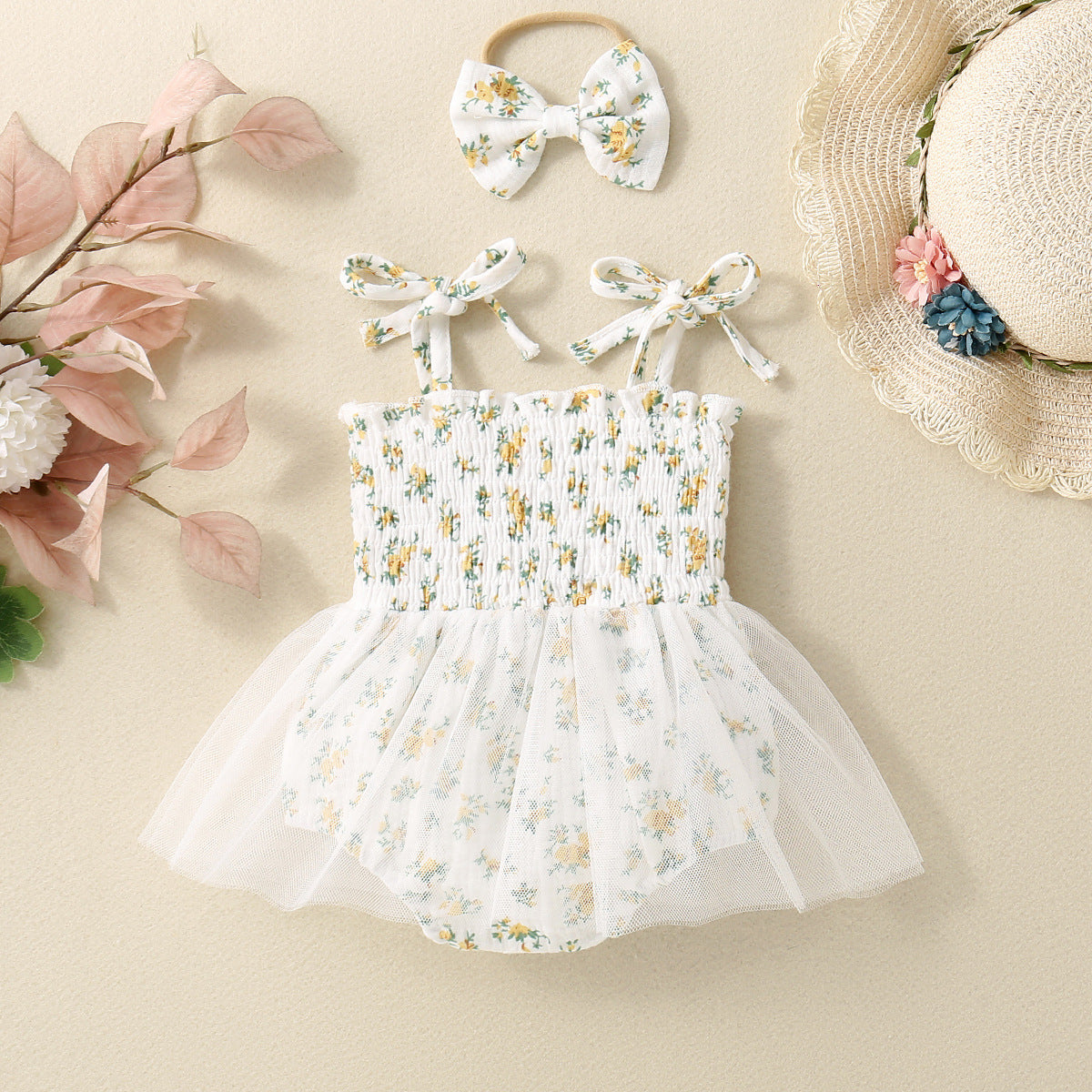 Adorable Baby Girl Floral Printed Spaghetti Strap Triangle Rompers with Tulle Skirt