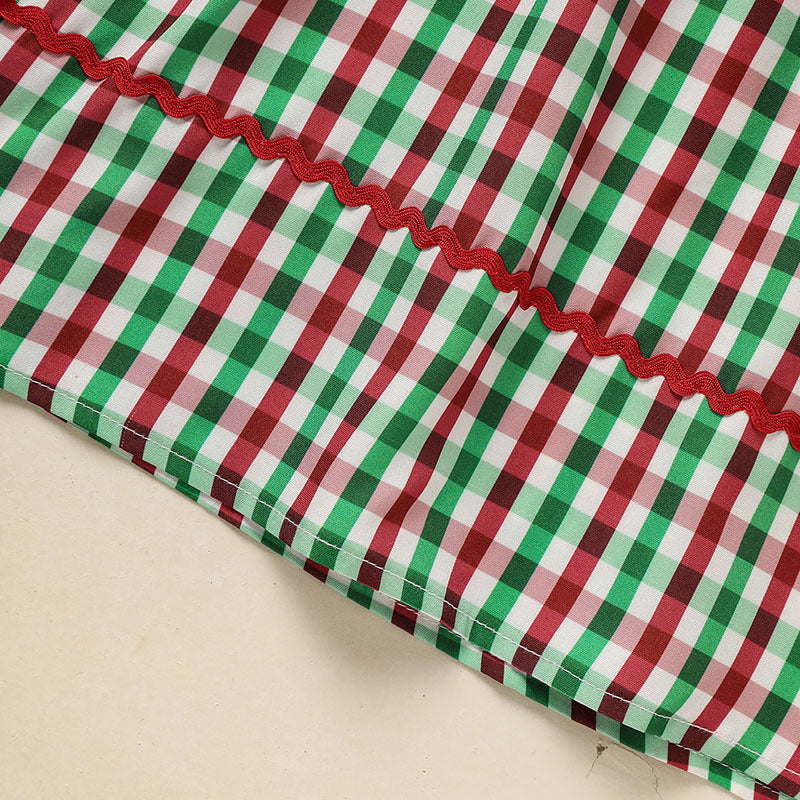 Baby & Toddler Girls Christmas Dress – Short Sleeve Plaid Party Dress with Embroidered Christmas Tree