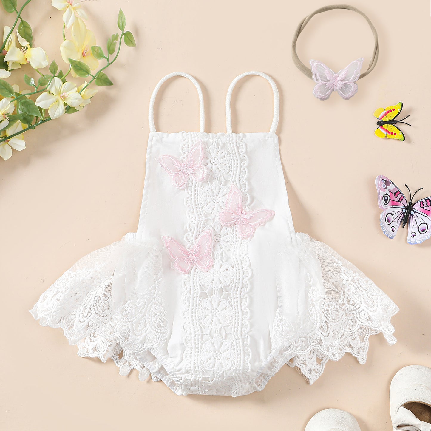 Enchanting Elegance: Girls' Butterfly Lace Spaghetti Strap Princess Dress with Headband