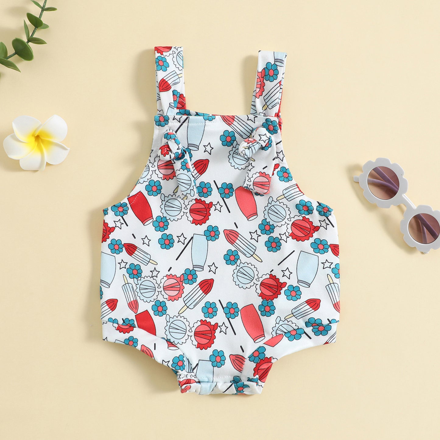 Adorable Baby Ice Cream Printed Front Knotted Suspender Romper
