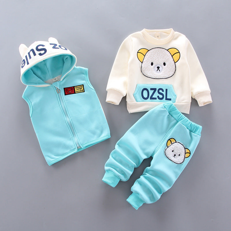 Adorable Baby Printed Hooded Sleeveless Vest Sweater and Trouser Set: Perfect for Your Little One's Comfort and Style