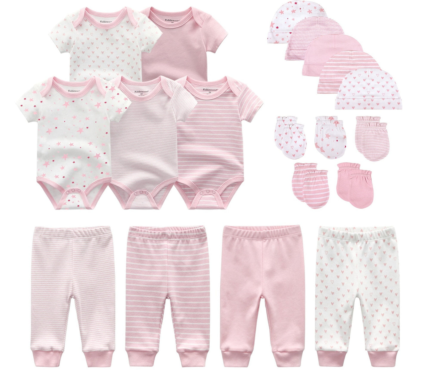 Complete 19-Piece Baby Rompers, Pants, Hat, Gloves Combination Clothes Set