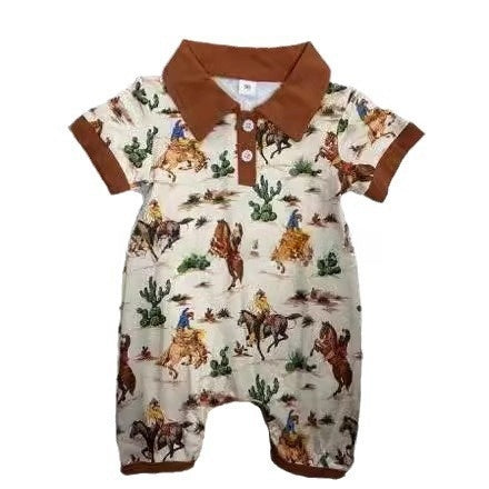 Boy's Western Element Printed Short Sleeve Rompers: Trendy and Comfortable