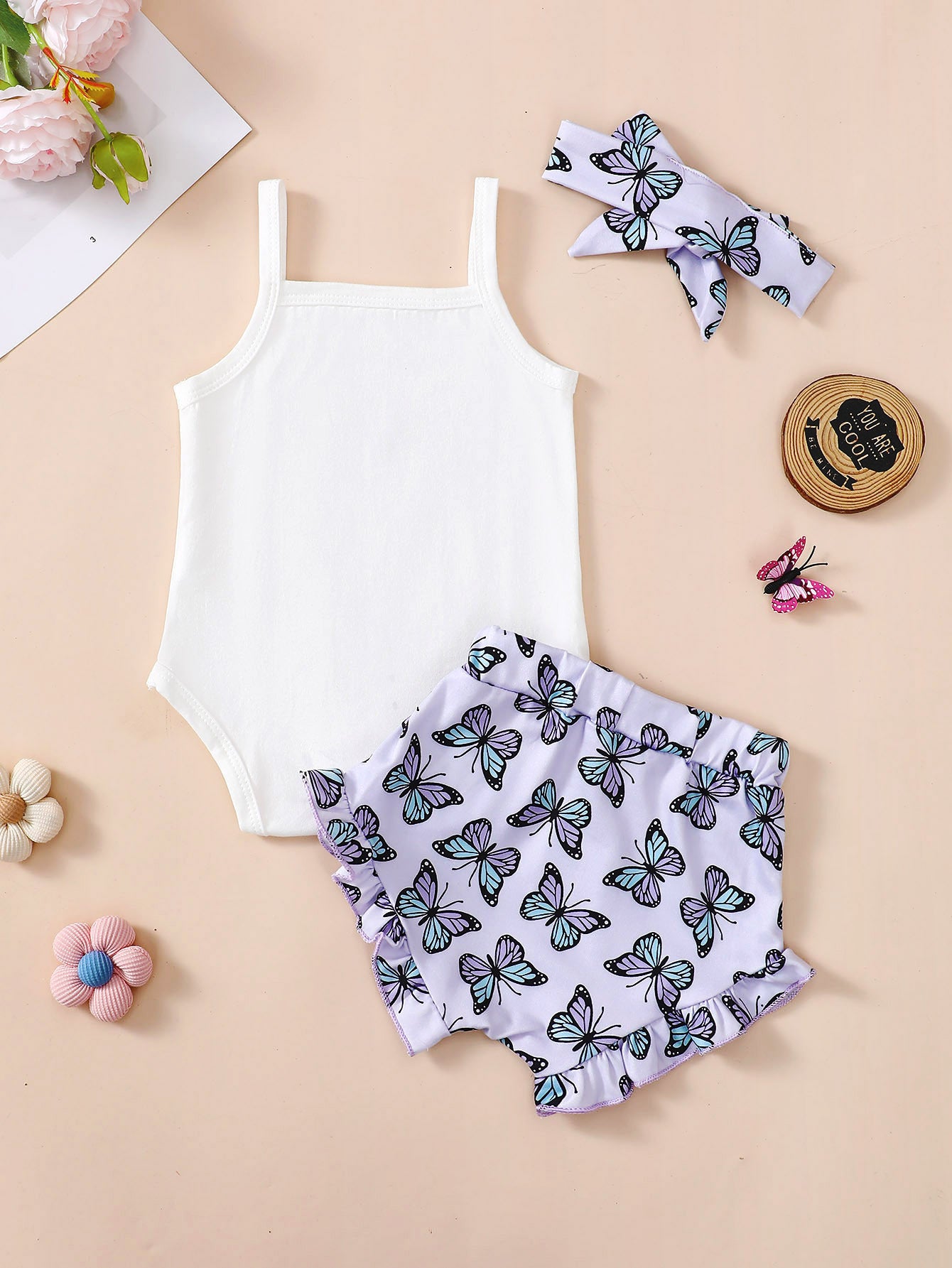 Adorable Baby Girl's Butterfly Printed Rompers Crawling Suit Two-Piece Set"