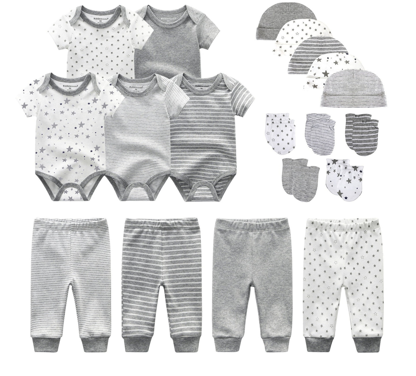 Complete 19-Piece Baby Rompers, Pants, Hat, Gloves Combination Clothes Set