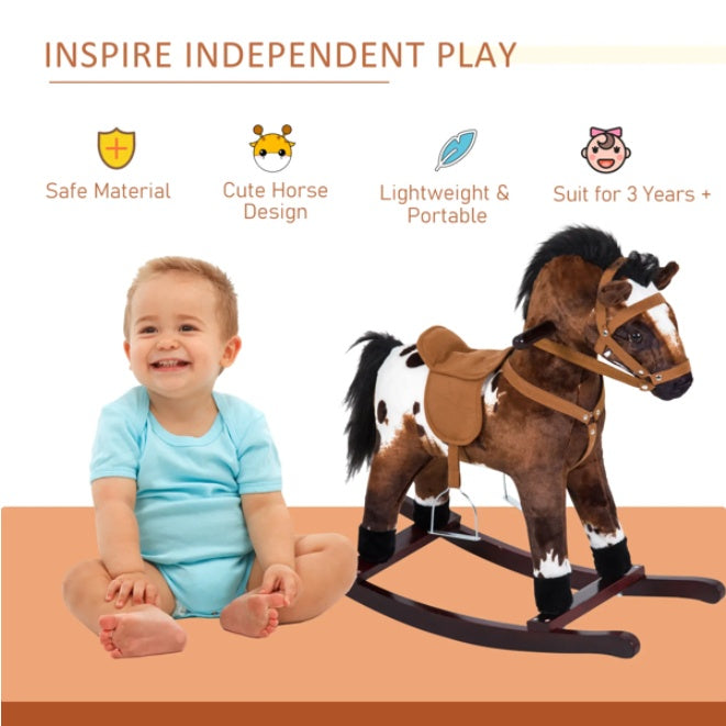 Plush Kids Rocking Horse Toy with Sounds, Wooden Base & Footrest – Ages 3+