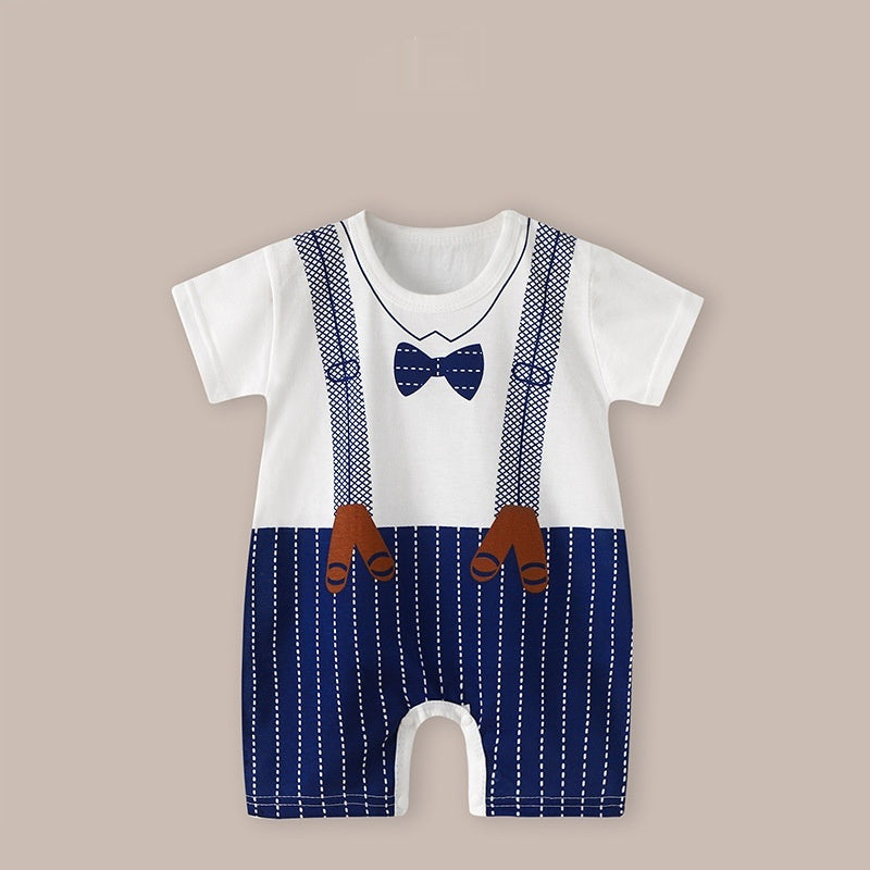 Cute Printed Baby Romper with Fake Suspender Design | Short Sleeve Newborn Outfit