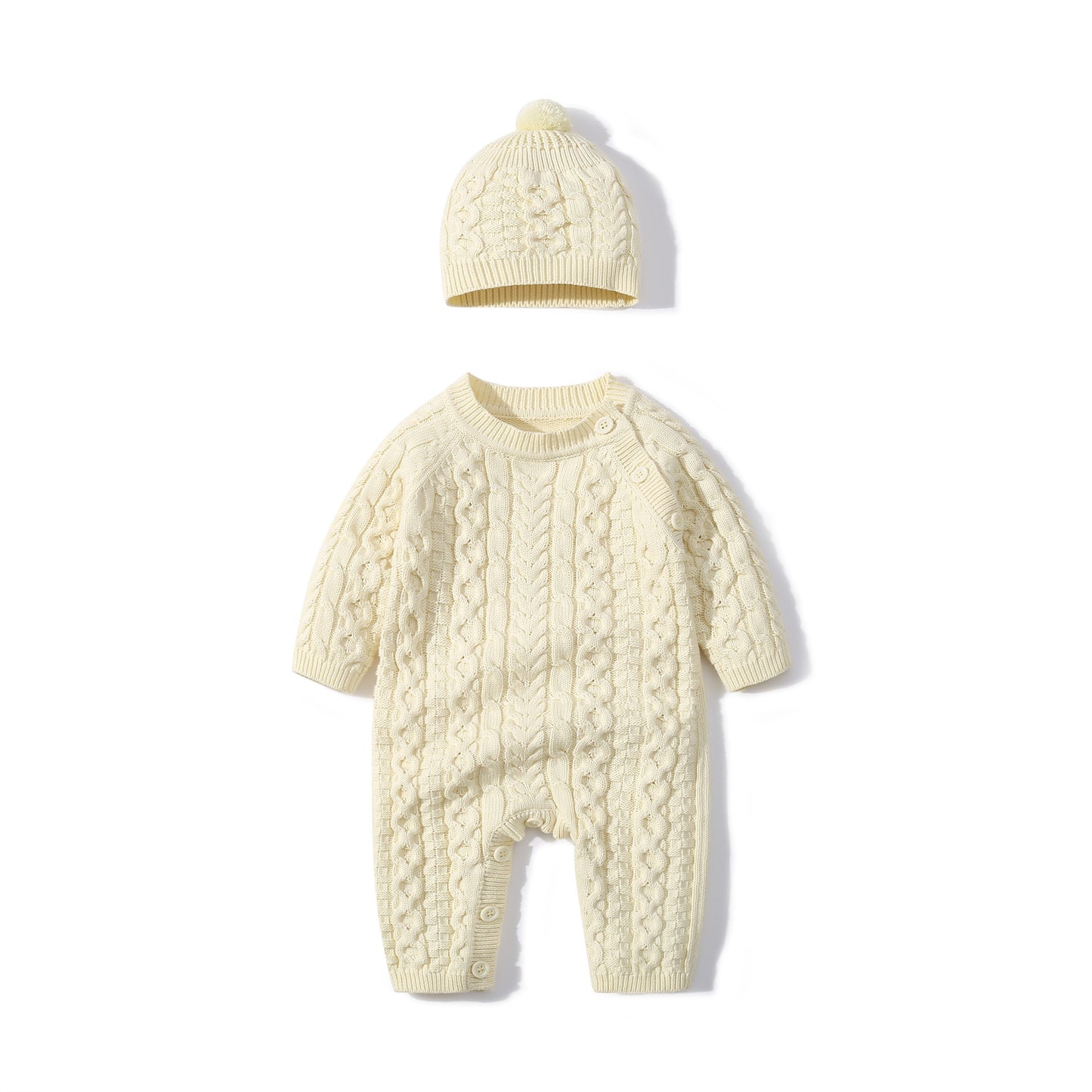 Autumn & Winter Knitted Long Sleeve Romper with Matching Knitted Hat for Babies