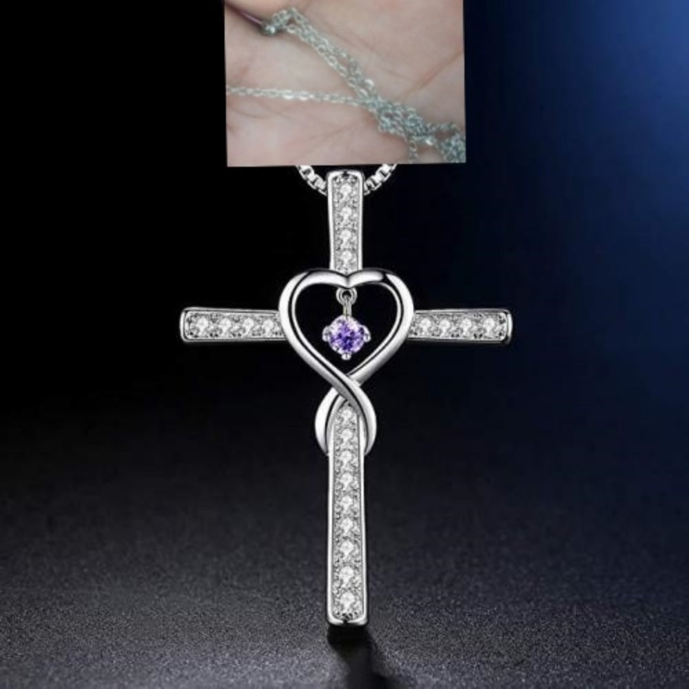 Infinity Love Cross Pendant Necklace – In God We Trust Christian Birthstone Heart Jewelry for Women with Crystal Zircon Gems