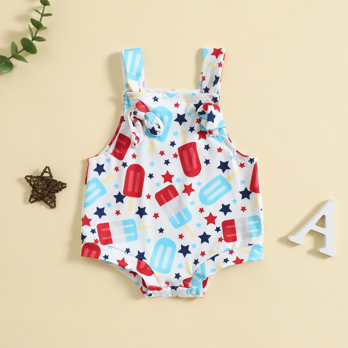 Adorable Baby Ice Cream Printed Front Knotted Suspender Romper