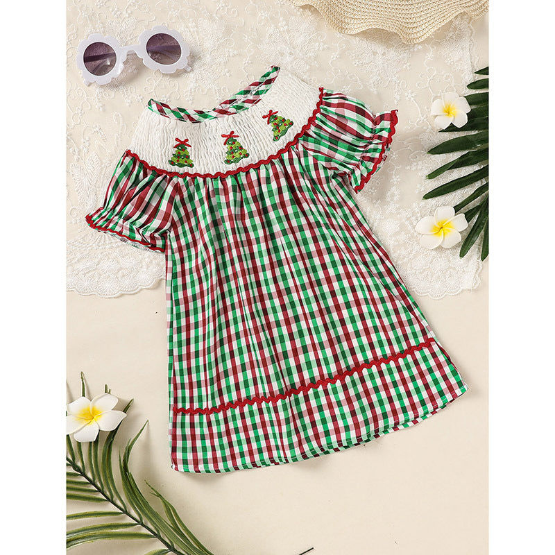 Baby & Toddler Girls Christmas Dress – Short Sleeve Plaid Party Dress with Embroidered Christmas Tree