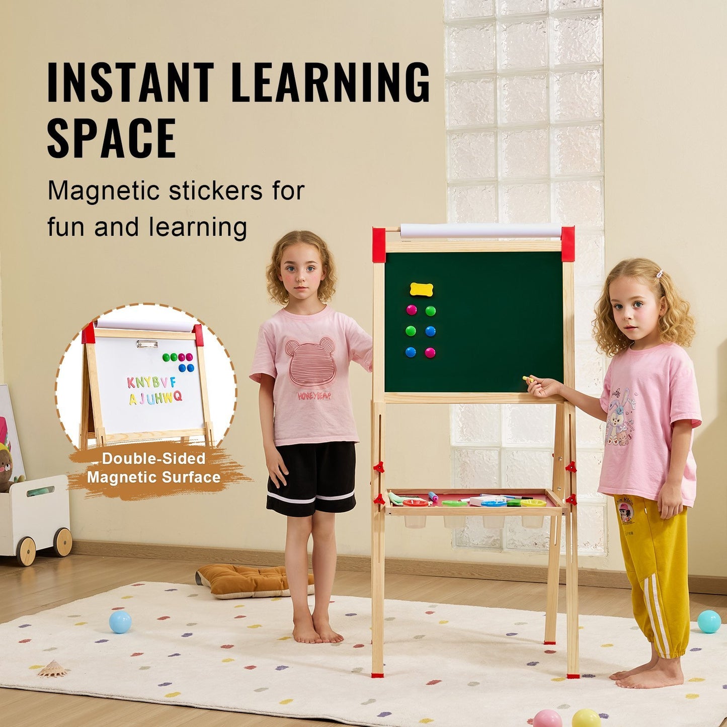 3-in-1 Kids Art Easel – Double-Sided Wooden Easel with Magnetic Whiteboard & Chalkboard
