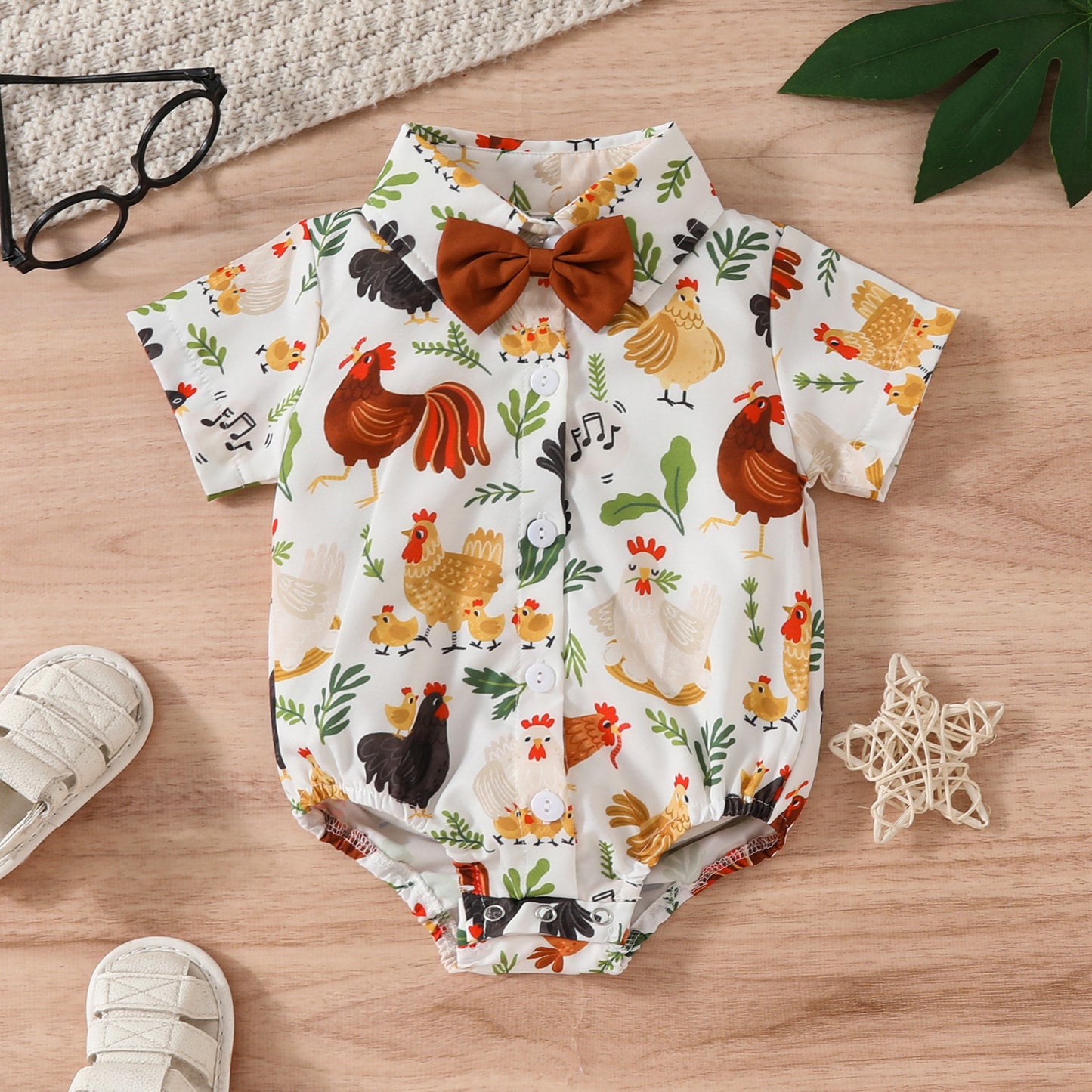 Printed Short Sleeve Lapel Bow Tie Jumpsuit: Stylish Infant Fashion