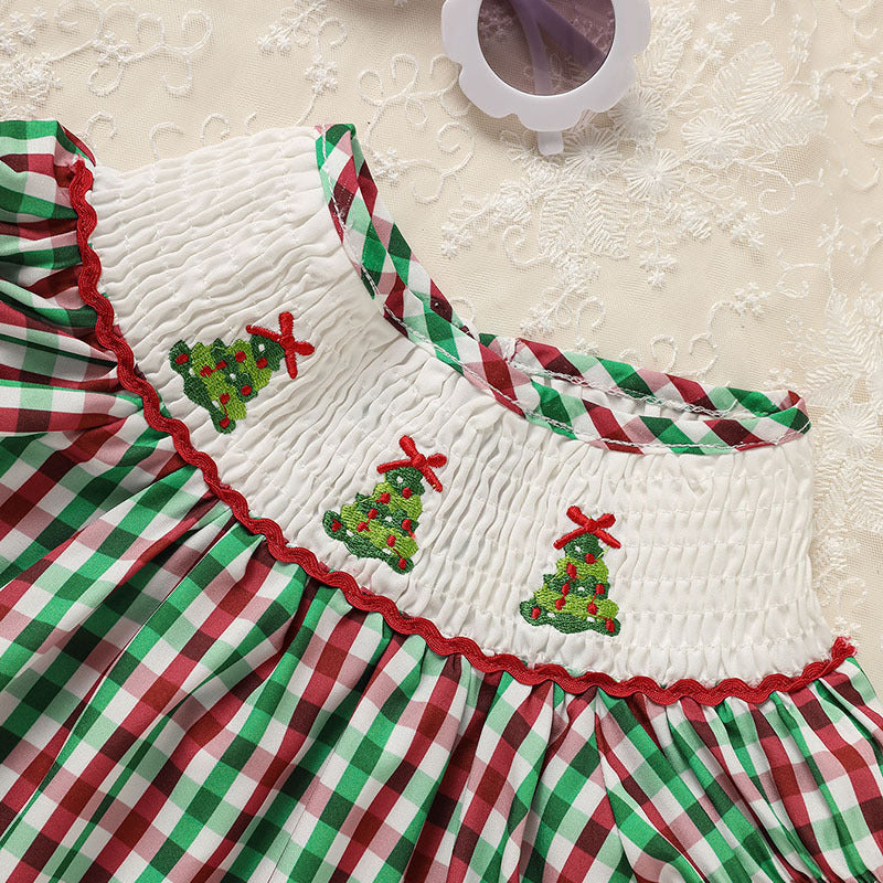Baby & Toddler Girls Christmas Dress – Short Sleeve Plaid Party Dress with Embroidered Christmas Tree