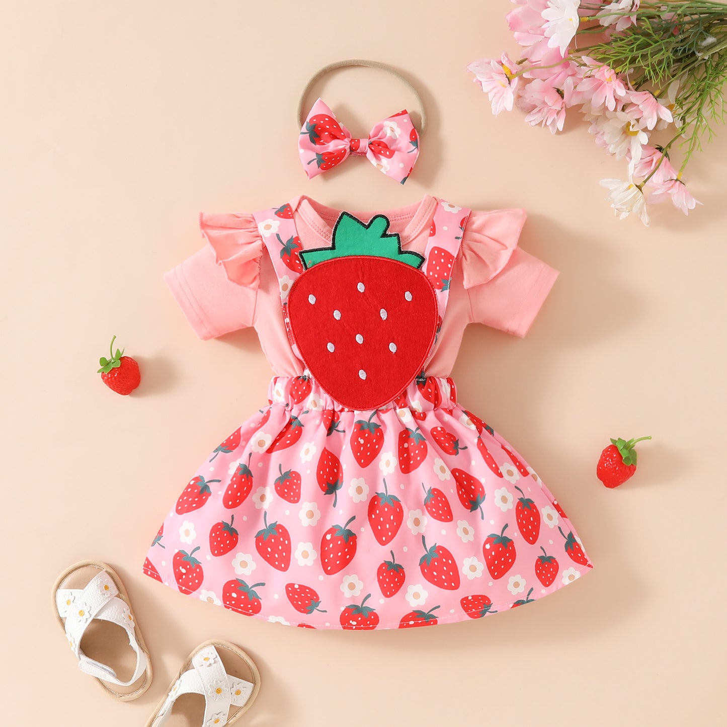 Baby Girl's Summer Short-sleeved Romper Wiot Suspender Skirt Floral Fruit Casual Skirt Suit