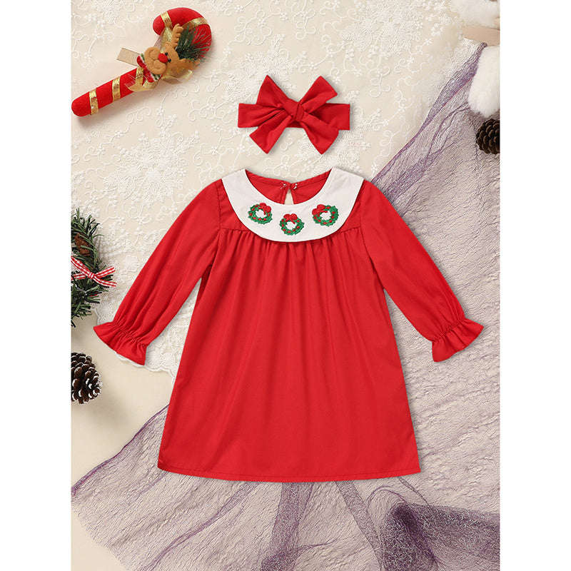 Baby & Toddler Girls Christmas Dress – Embroidered Christmas Wreath Party Dress with Matching Headband