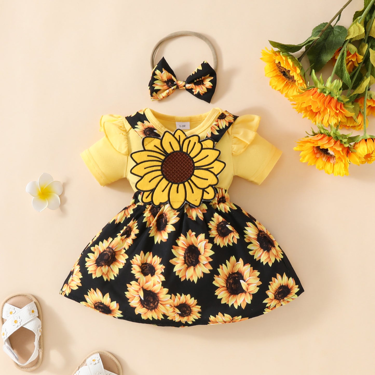 Adorable Baby Girl Sunflower Suspender Dress with Ruffled Shoulder Romper and Headband