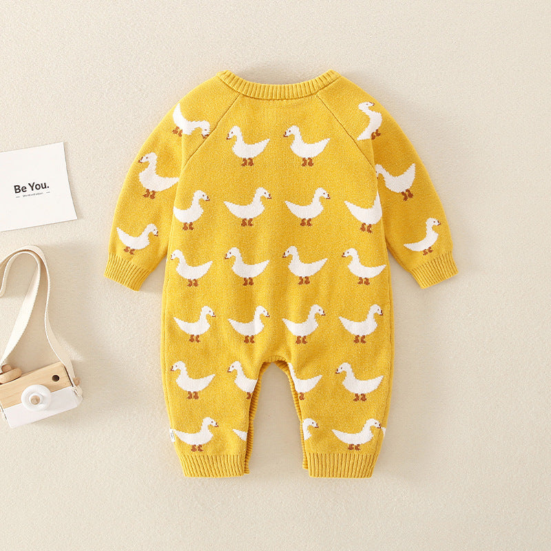 Duck Printed Double-Layer Knitted Baby Romper - Soft & Cozy Infant Outfit