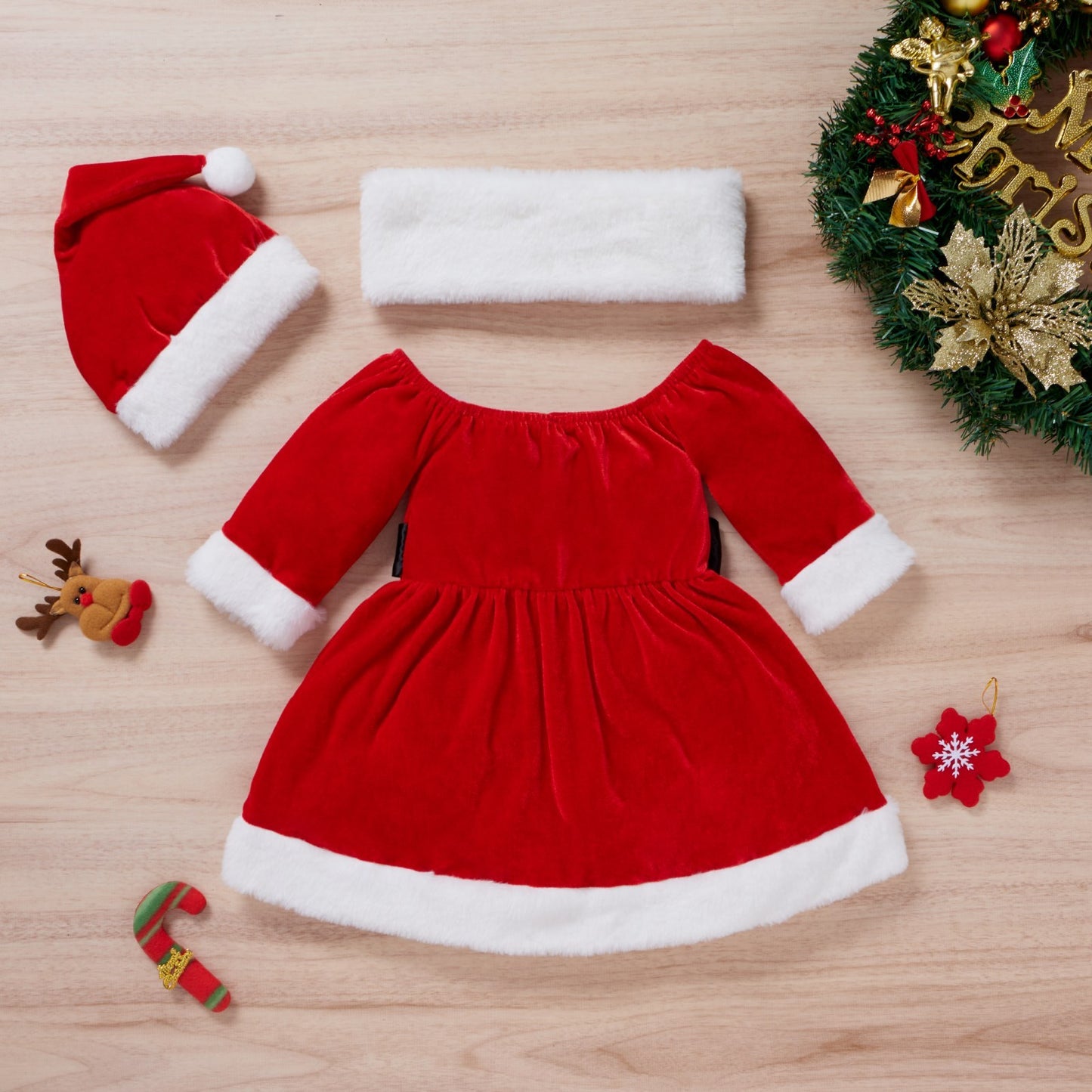 Baby & Toddler Girls Christmas Outfit Set – 100% Cotton Red Dress with Hat & Scarf (6–12M to 3–4Y)