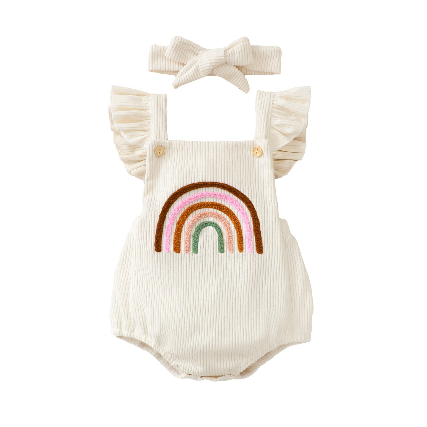 Embroidered Rainbow Neutral Baby Romper with Lace Sling Shoulder Strap And Head Band