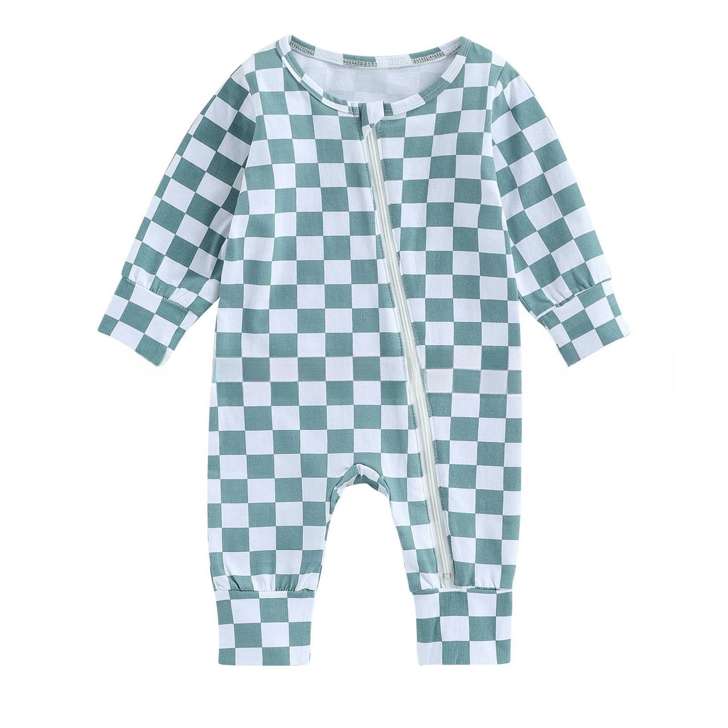 Adorable and Practical: Children's Long Sleeve Checkerboard Design Zipper Jumpsuit!