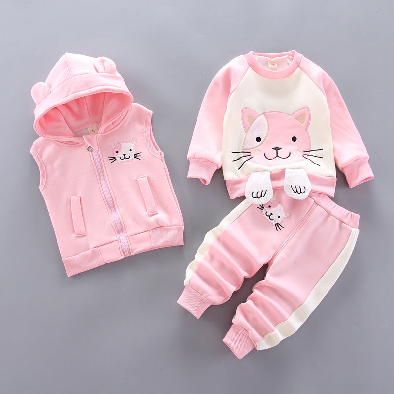 Adorable Baby Printed Hooded Sleeveless Vest Sweater and Trouser Set: Perfect for Your Little One's Comfort and Style