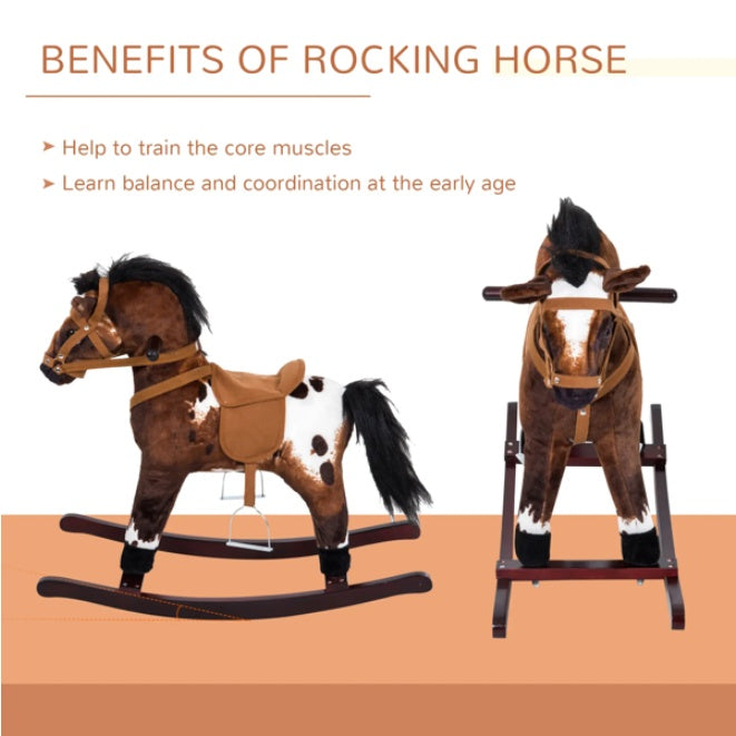 Plush Kids Rocking Horse Toy with Sounds, Wooden Base & Footrest – Ages 3+