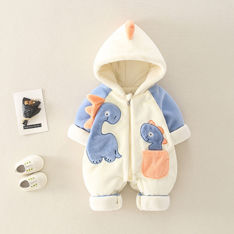 Newborn Baby Dino Fleece-Lined Thick Winter Jumpsuit