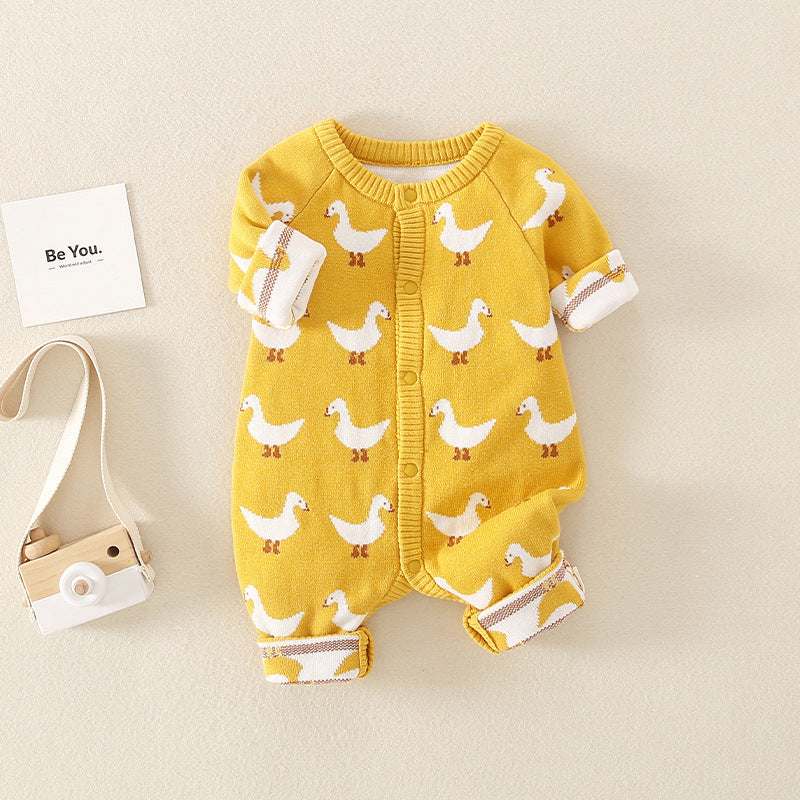 Duck Printed Double-Layer Knitted Baby Romper - Soft & Cozy Infant Outfit