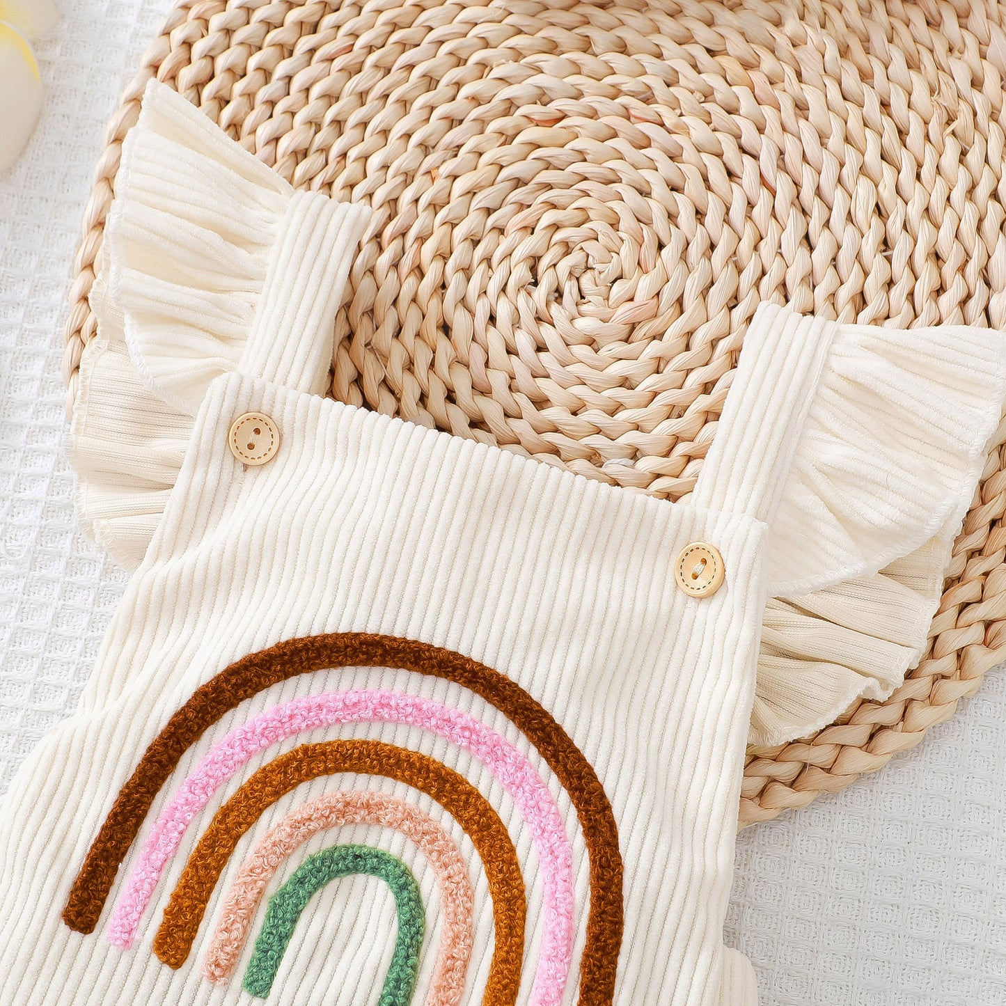 Embroidered Rainbow Neutral Baby Romper with Lace Sling Shoulder Strap And Head Band