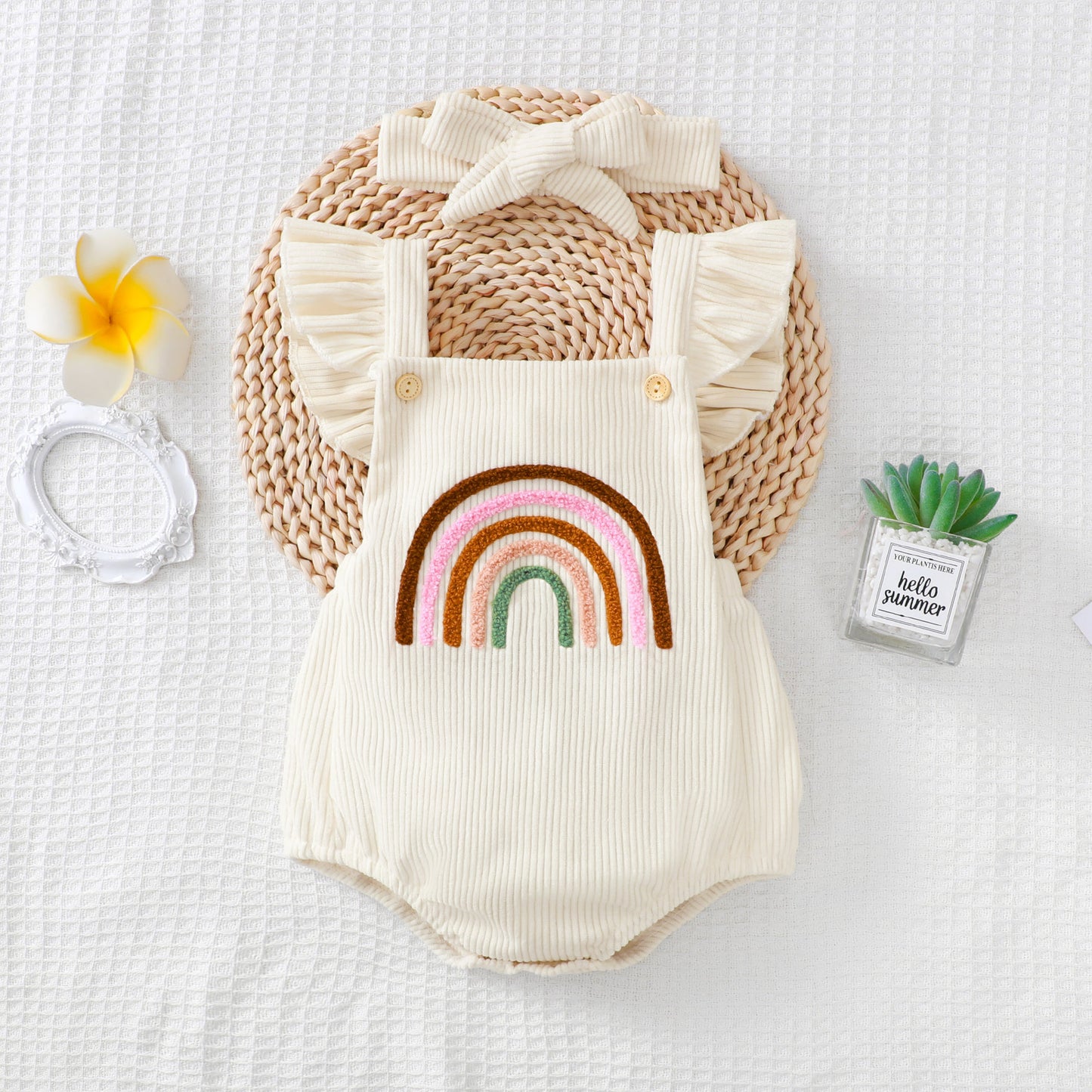 Embroidered Rainbow Neutral Baby Romper with Lace Sling Shoulder Strap And Head Band