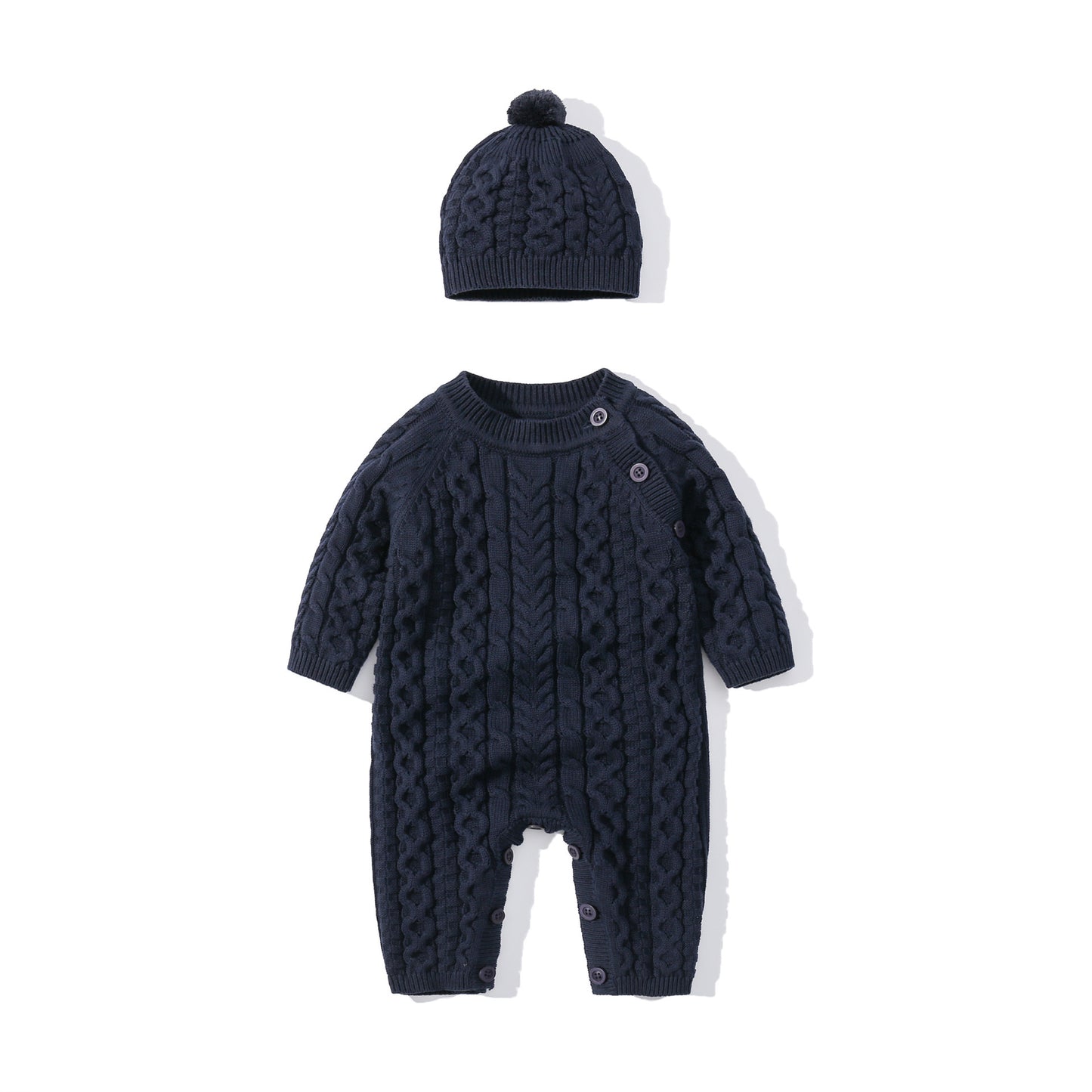 Autumn & Winter Knitted Long Sleeve Romper with Matching Knitted Hat for Babies