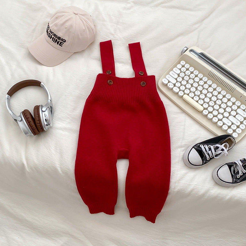Solid Color Baby Autumn Knitted Suspender Jumpsuit Clothing