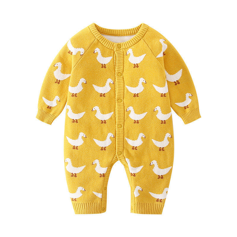Duck Printed Double-Layer Knitted Baby Romper - Soft & Cozy Infant Outfit