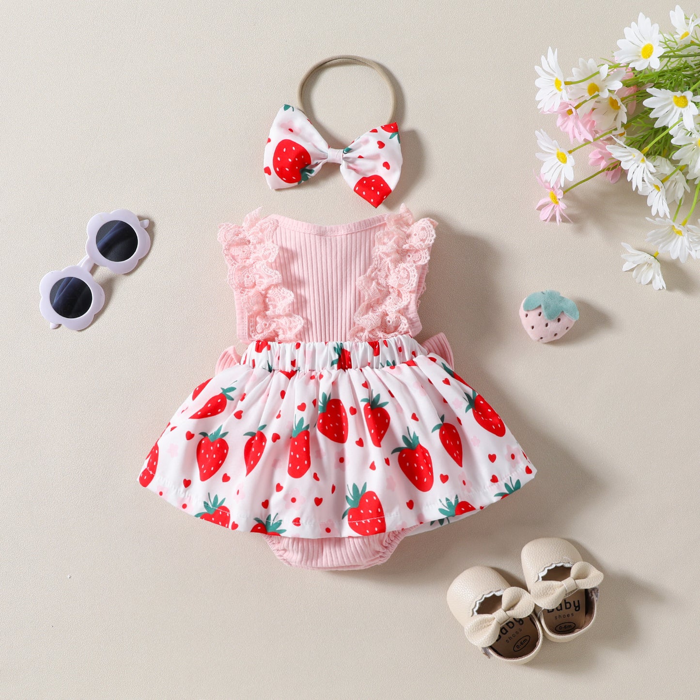 Adorable Infant Toddler Strawberry Print Bow Sleeveless Summer Romper